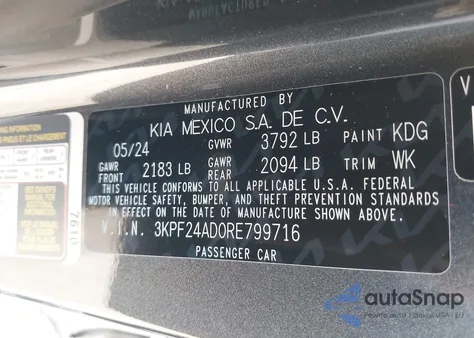 2024 Kia Forte Lxs из США, поврежденный, VIN 3KPF24AD0RE799716
